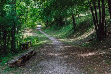 Eski ahşap bir bankın olduğu bir yol.