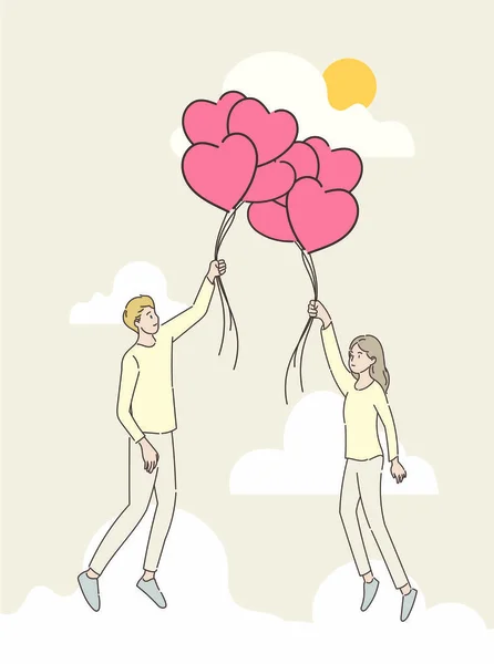 Kalp Şeklinde Balon Taşıyan Çift Bulutların Arasında Uçuyor Aşk Sevgililer — Stok Vektör