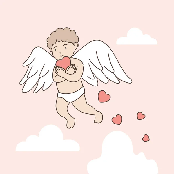 Cupid Holding Heart Sky Pink Background Love Valentine Day Concept — Stock Vector