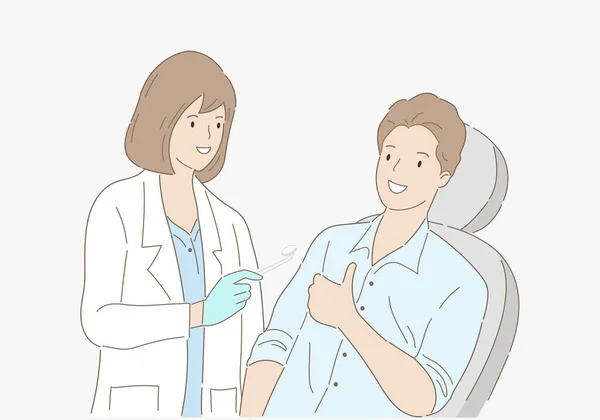 Dentist Examining Patient Teeth Giving Thumb Dental Clinic Hand Draw — Stock Vector