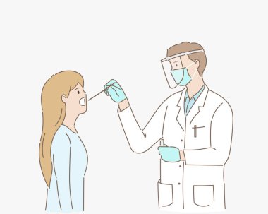 Doktorlar ya da bilim adamları koronavirüsü ya da COVID-19 'u test ediyor. Hastalıklı ya da hasta insanlardan. Sağlık sigortası konsepti. Salgın hastalık. El çekme stili. Vektör illüstrasyonu.