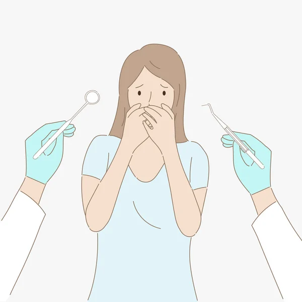 Γυναίκα Καλύπτει Στόμα Της Και Δύο Χέρια Δεντοφοβία Του Οδοντιάτρου — Διανυσματικό Αρχείο