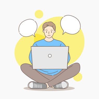 Yerde oturup dizüstü bilgisayarla çalışan neşeli bir adam. Öğrenci, serbest çalışan, öğretmen ya da evde çalışan yaratıcı biri. El çizimi tarzı. Vektör illüstrasyonu.