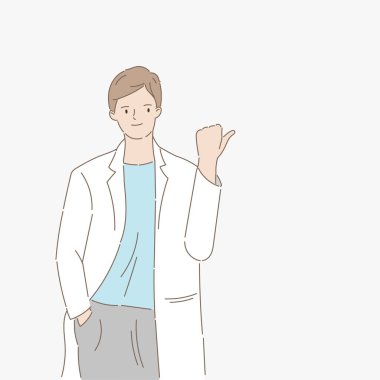 Erkek doktor parmağını boş alana doğrulttu. Sağlık ve tıbbi konsept. El çekme stili. Vektör illüstrasyonu.