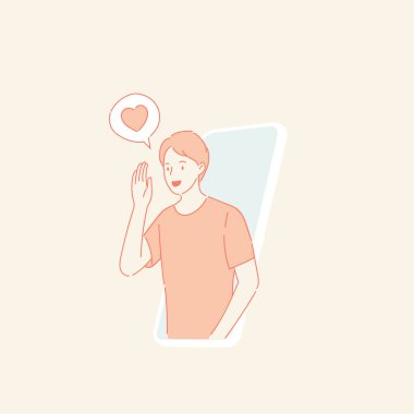 Adam internetten cep telefonlarıyla aşk diyor. Sevgililer Günü ve online iletişim konsepti. El çekme stili. Vektör illüstrasyonu.