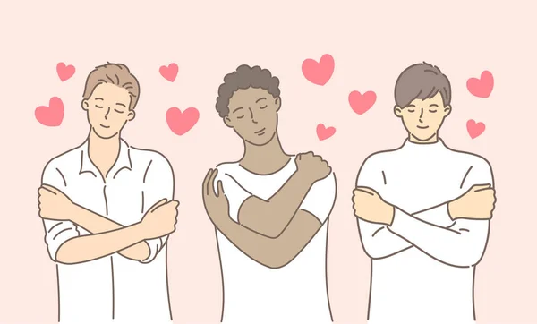 Hombre Multirracial Multinacional Abrazándose Con Corazones Sobre Fondo Rosa Amor — Vector de stock