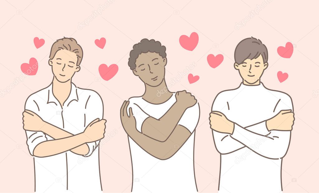 Multiracial or multinational man hugging herself with hearts on pink background. Self love and self care. Love yourself. Love your body concept. Hand draw style. Vector illustration.