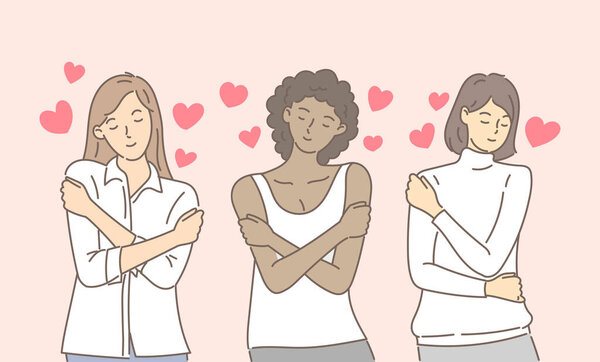 Multiracial or multinational woman hugging herself with hearts on pink background. Self love and self care. Love yourself. Love your body concept. Hand draw style. Vector illustration.