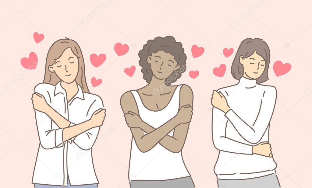 Multiracial or multinational woman hugging herself with hearts on pink background. Self love and self care. Love yourself. Love your body concept. Hand draw style. Vector illustration.