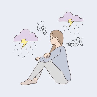 Genç kadın sanki bir fırtına ve yağmur varmış gibi üzgün ve bunalımdaydı. Akıl sağlığı konsepti. El çekme stili. Vektör illüstrasyonu.