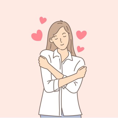 Pembe arka planda kendine sarılan bir kadın. Kendini sevme ve kendini koruma. Kendini sev. Vücut konseptine bayıldım. El çekme stili. Vektör illüstrasyonu.