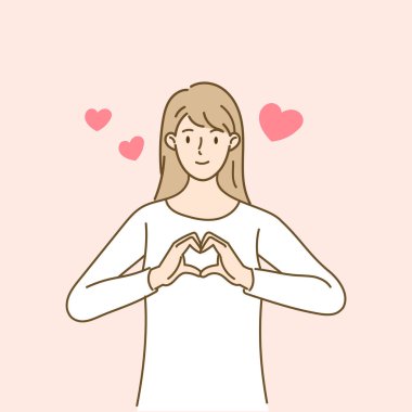 Kadın elleriyle hardart oynuyor. Aşk ve Sevgililer Günü konsepti. El çekme stili. Vektör illüstrasyonu.