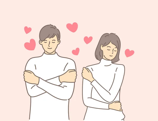 Pareja Joven Abrazándose Con Corazones Sobre Fondo Rosa Amor Propio — Vector de stock