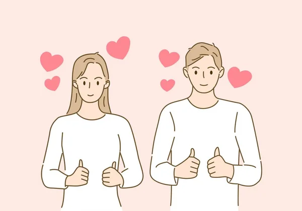 Çiftler Cesaretlendirmek Için Kalp Şeklinde Başparmak Gösterirler Vücut Konseptine Bayıldım — Stok Vektör