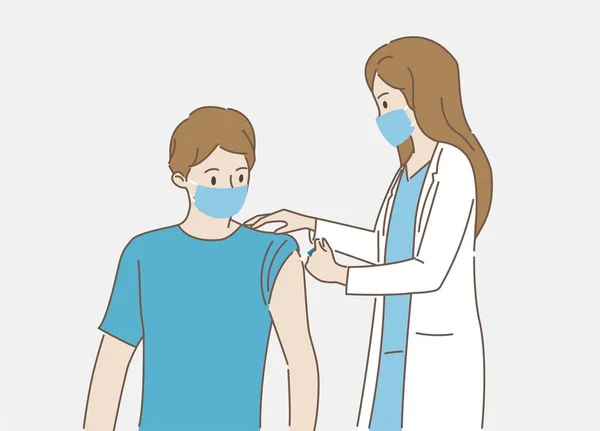 Mujer Doctora Inyectando Covid Vacuna Contra Coronavirus Para Hombre Concepto — Vector de stock