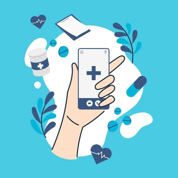 Smartphone Portatile Con Fornitura Medica Nel Concetto Telemedicina Telesanità Sanità — Vettoriale Stock
