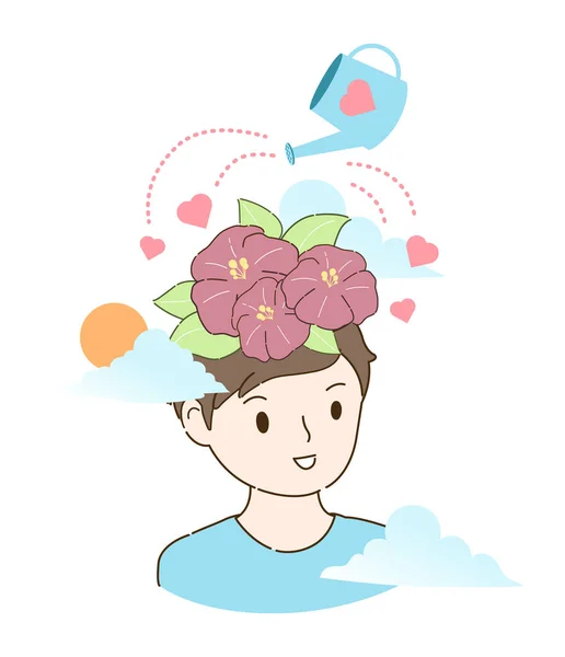 Joven Personaje Con Cabeza Flor Riego Con Lata Agua Concepto — Vector de stock