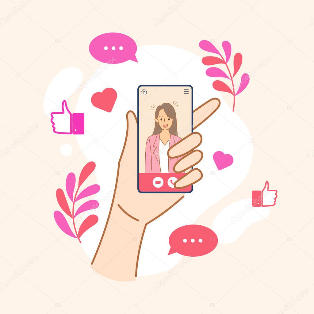 Hand holding smartphone with young women on screen in video call concept. Finger touch screen. Hand draw style. Vector illustration for web sites and banners design.