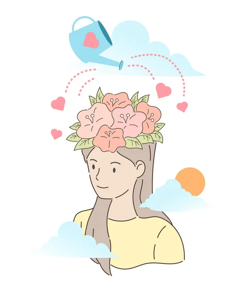 Όμορφος Κήπος Λουλουδιών Μέσα Ένα Όμορφο Γυναικείο Κεφάλι Και Πότισμα — Διανυσματικό Αρχείο