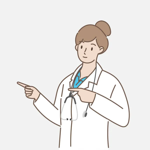Porträtt Kvinnlig Läkare Peka Finger Till Sida Hälso Och Sjukvård — Stock vektor