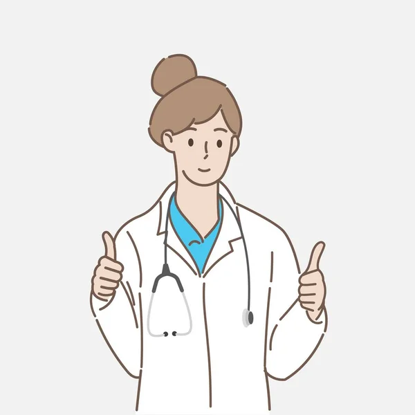 Nuoren Naislääkärin Muotokuva Näyttää Peukalot Terveydenhuollossa Lääketieteellisessä Konseptissa Käsi Piirtää — vektorikuva