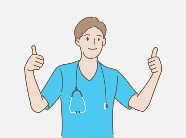 年轻男医生的肖像表现出他在医疗保健和医疗观念上的大拇指向上翘起 手绘风格 矢量说明 — 图库矢量图片