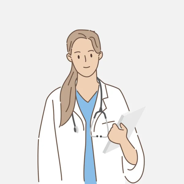 医療や医療の概念でクリニックや病院で若い女性医師 手描きスタイル ベクターイラスト — ストックベクタ