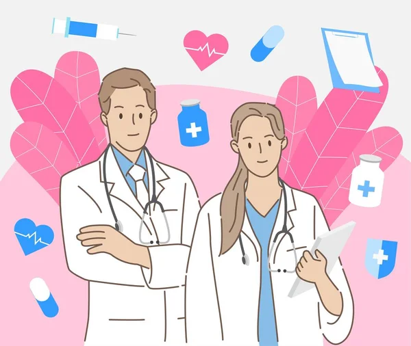 医療や医療の概念でクリニックや病院で若い男性と女性の医師 手描きスタイル ベクターイラスト — ストックベクタ