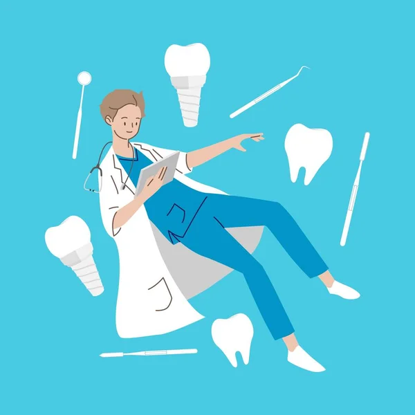 Joven Dentista Flotando Aire Con Clínica Dental Salud Concepto Médico — Vector de stock