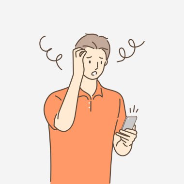 Yazıcı genç adam cep telefonunu tutuyor ve başını baş ağrısıyla tutuyor. El çekme stili. Vektör illüstrasyonu.