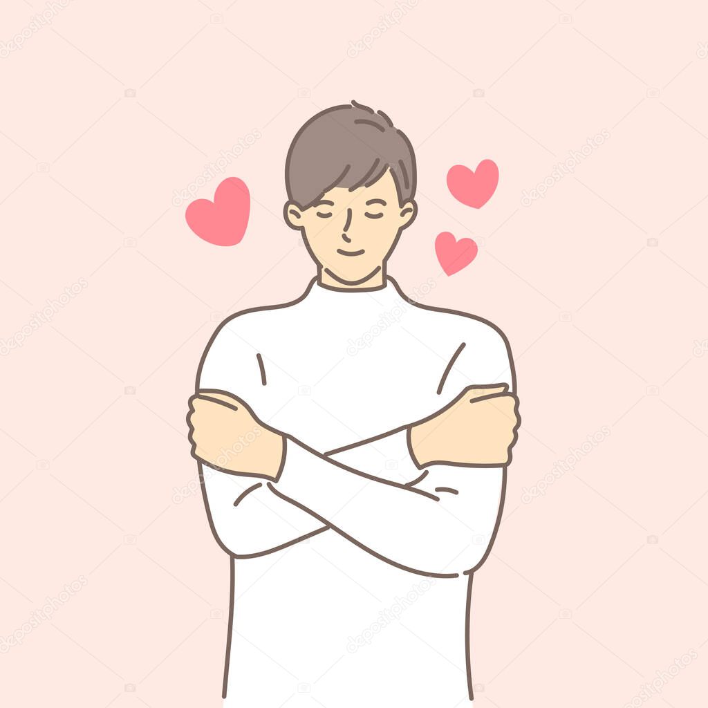 Young man hugging herself with hearts on pink background. Self love and self care. Love yourself. Love your body concept. Hand draw style. Vector illustration.