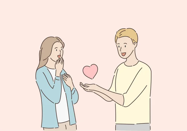 Joven Sorprende Novia Dándole Corazón Concepto San Valentín Estilo Dibujo — Archivo Imágenes Vectoriales