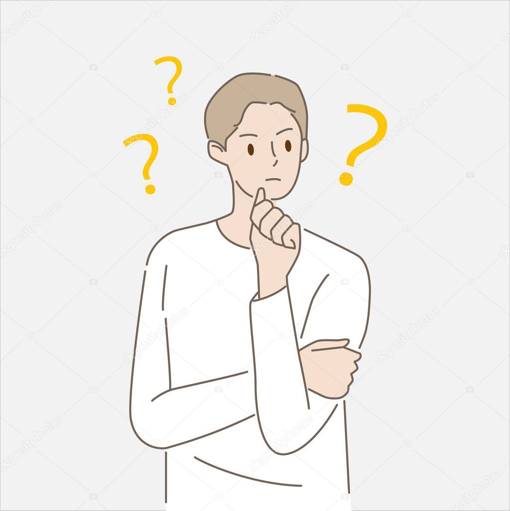 Young man thinking or solving problem. Concept of innovative ideas, creative thought, creativity and imagination. Hand draw style. Vector illustration.