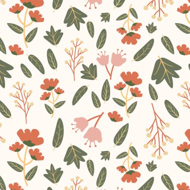 Şirin bahar çiçeklerini içeren kusursuz botanik desen ve sıcak toprak tonlarında yapraklar. Kumaş, ambalaj ya da duvar kağıdı tasarımı için mükemmel.