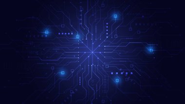 Soyut mavi teknoloji vektör arkaplanı. Parlak çizgileri ve ağ bağlantısı olan gelecekçi dijital devre kartı deseni. IT için yüksek teknoloji duvar kağıdı, büyük veriler, yenilik ve dijital kavramlar.
