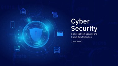 Siber Güvenlik afişi şablonu. Kalkan ve ikili kodlu Küresel Ağ Güvenliği ve Dijital Veri Koruma kavramı.