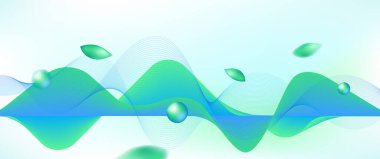 Pürüzsüz akışkan dalgalar, yapraklar ve şeffaf su damlalarından oluşan soyut yeşil ve mavi vektör arkaplanı. Kozmetik, sağlık veya çevre tasarım projeleri için ideal.