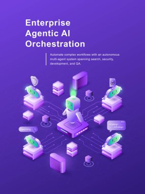 Ağ otomasyon kodlaması ve güvenlik görevlerinde işbirliği yapan robotlarla birlikte ajanssal bir yapay zeka sisteminin 3B izometrik çizimi