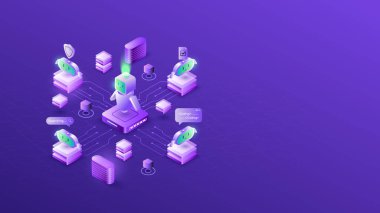 Ağ otomasyon kodlaması ve güvenlik görevlerinde işbirliği yapan robotlarla birlikte ajanssal bir yapay zeka sisteminin 3B izometrik çizimi