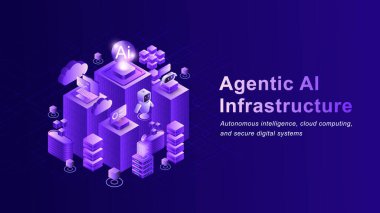 Özerk robotlar, veri sunucuları ve gelecekteki teknolojiler için dijital altyapısı olan yapay zeka ağı ekosisteminin Isometric çizimi