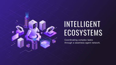 Ajanssal ai ve karmaşık görevleri koordine eden yapay zeka teknolojisi robotları içeren akıllı bir ekosistemin modern izometrik çizimi