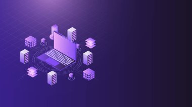 İş ağı ve bilgisayar sistemleri için sunucu altyapısını ve dijital teknolojiyi gösteren modern izometrik vektör