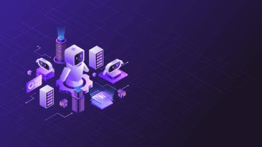 Ajanssal ai ve karmaşık görevleri koordine eden yapay zeka teknolojisi robotları içeren akıllı bir ekosistemin modern izometrik çizimi