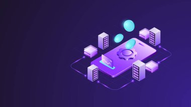 Sunucu rafları ve otomatikleştirilmiş para yönetim sistemi ile akıllı telefon ile dijital finans için modern izometrik finansman mobil teknolojisi