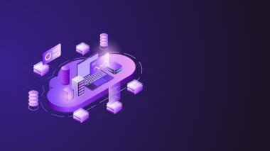 İş işleme için sunucu altyapısı ve ağ sistemleri içeren dijital veri analizleri için modern izometrik bulut hesaplama çizimi