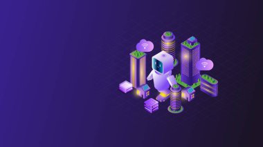 Akıllı robot, birbirine bağlı binalar, bulut ağı ve dijital altyapısı olan Isometric AI akıllı şehir illüstrasyonu. Otomasyon, veri yönetimi ve akıllı şehir sistemleri için gelecekteki kentsel teknoloji kavramı.