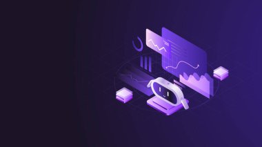 Akıllı asistanı, veri paneli, çizelgesi ve otomasyon sistemi olan Isometric AI analizi çizimleri. Dijital platformlar için fütüristik veri analizi ve iş zekası kavramı.