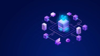 Merkezi olmayan dijital ağ, bağlı düğümler ve güvenli veri akışı ile engelleme teknolojisinin Isometric illüstrasyonu. Dağıtılmış defter, şifreleme altyapısı ve modern finansal teknoloji sistemi kavramı.