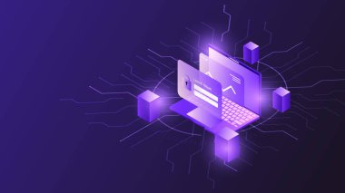 Parlak kilit simgesi ve veri güvenliği ve dijital korumayı temsil eden blok küplü Isometric laptop.