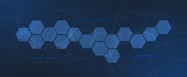 Altıgen şebekeli mavi dijital teknoloji arka planı, veri ağı çizgileri ve siber güvenlik ve bilişim kavramları için geleceksel arayüz tasarımı